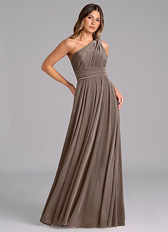 Azazie Charlize Vestidos de damas de honor Vestido de Taupe Plateado de terciopelo de Corte en A con Hombro unilateral image4