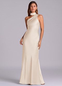 Azazie Seona Robes de demoiselle d'honneur Robe Sirène en Satin extensible Une épaule Albâtre Blanc image1