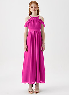 Azazie Chaya Junior Fuchsia A-Line Off the Shoulder Chiffon Dress image3