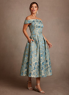 Azazie Centralia 신부의 어머니 드레스 A라인 오프 더 숄더 플로럴 자카드 발레리나 길이 드레스 image2