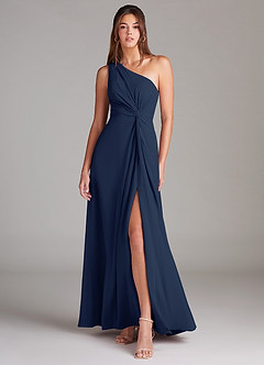 Azazie Brooke Vestidos de damas de honor Vestido de Azul Marino Oscuro de Gasa de Corte en A con Hombro unilateral image1