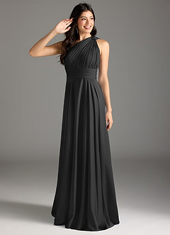 Azazie Charlize Bridesmaid Dresses Black A-Line One Shoulder Stretch Satin Dress image9