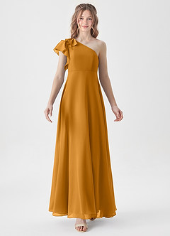 Azazie Arabella Junior Robe Trapèze en Mousseline de soie Rayé Caramel écossais image5