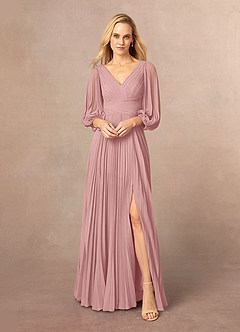 Azazie Zahara Final Sale Burgundy A-Line V-Neck Pleated Chiffon Dress image2