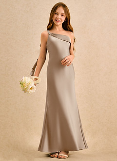 Azazie Almond Girls Formal Sukienki dla dziewczynek sypiących kwiaty Osłona Jedno ramię Satyna elastyczna Długość podłogi Sukienka image2