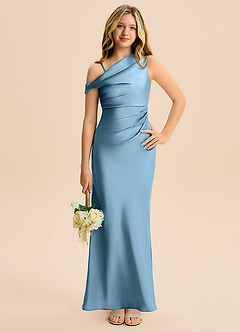 Azazie Emerson Junior Steel Blue Sheath Off the Shoulder Stretch Satin Dress image4