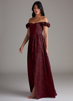 Azazie Autumn Bridesmaid Dresses Cabernet A-Line Off the Shoulder Floral Burnout Dress image2