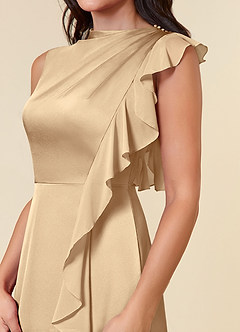 Azazie Narine Mother of the Bride Dresses Champagne A-Line High Neckline Pleated Stretch Satin Dress image4