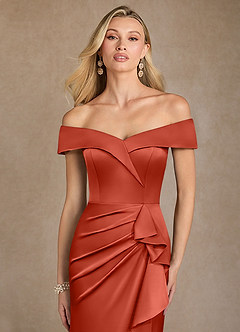Azazie Laredo Mother of the Bride Dresses Rust Mermaid Off the Shoulder Stretch Satin Dress image6