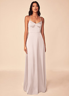 Azazie Mei Bridesmaid Dresses Blushing Pink A-Line V-Neck Stretch Satin Dress image1