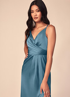 Azazie Aqua Bridesmaid Dresses Bermuda A-Line V-Neck Pleated Stretch Satin Dress image6