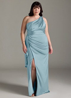 Azazie Maive Bridesmaid Dresses Moody Blue Sheath Ruched Stretch Satin Dress image10