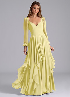 Azazie Karan Bridesmaid Dresses Lemon Sorbet A-Line Long Sleeve Chiffon Dress image1