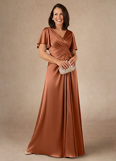 Azazie Emmeline Mother of the Bride Dresses Copper A-Line Pleated Stretch Satin Dress image1