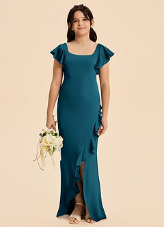 Azazie Demi Junior Vestido de Azul Tinta de Satén Elástico de Corte Sirena con Lazo image1