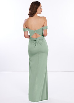 Azazie Breanna Final Sale Agave Sheath Off the Shoulder Stretch Satin Dress image2