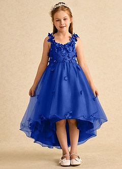 Azazie Tweety Robe Demoiselle D'honneur Fillette Robe Trapèze en Tulle Dentelle Bleu Roi image3