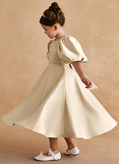 Azazie Sugarplum Flower Girl Dresses Champagne A-Line with Sleeves Matte Satin Dress image1