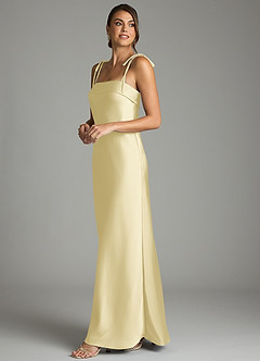 Azazie Ellia Bridesmaid Dresses Lemon Sorbet Sheath Bow Stretch Satin Dress image4