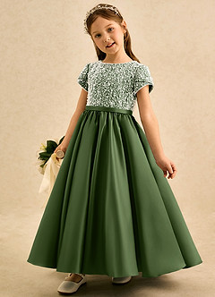 Azazie Cashew Flower Girl Dresses Olive Ball-Gown with Sleeves Matte Satin Dress image3