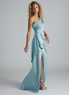 Azazie Maive Bridesmaid Dresses Moody Blue Sheath Ruched Stretch Satin Dress image4
