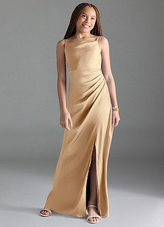 Azazie Leonis Junior Robe Trapèze en Satin extensible Plissée Champagne image1