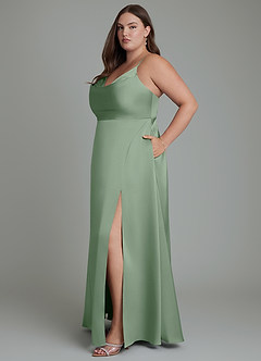 Azazie Sarella Vestidos de damas de honor Vestido Matcha de Satén Elástico de Línea A con Plisado image12