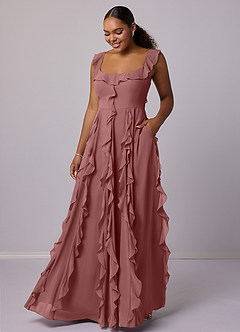 Barbie ♥ Azazie Robes de demoiselle d'honneur Robe Trapèze en Mousseline de soie avec poches Rose Du Désert image7