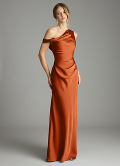 Azazie Emerson Bridesmaid Dresses Burnt Orange Mermaid Off the Shoulder Stretch Satin Dress image5