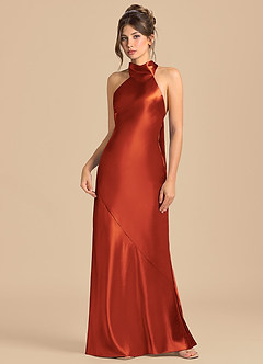 Azazie Velli Brudtärnklänningar Klä av Tubklänning i Metallisk satin Hög hals Paprika image3