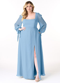 Azazie Leonia Bridesmaid Dresses Powder Blue A-Line Long Sleeve Chiffon Dress image11