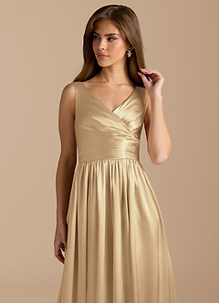 Azazie Keyla Bridesmaid Dresses Champagne A-Line Pleated Metallic Satin Dress image8