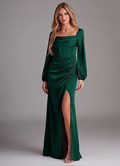 Azazie Charissa Bridesmaid Dresses Emerald Sheath Long Sleeve Stretch Satin Dress image4