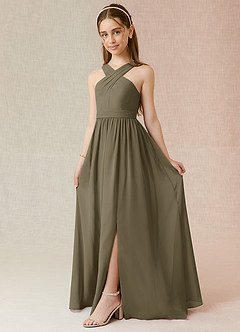Azazie Jiya Junior Abito A-Line in Chiffon Plissettato Willow Green image1