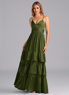 Azazie Nathalia Bridesmaid Dresses Olive A-Line Pleated Stretch Satin Dress image5