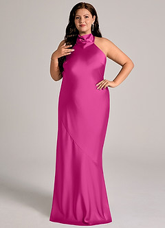 Azazie Velli Abiti da Damigella Abito Sirena in Raso Elasticizzato Collo Alto Fucsia image10
