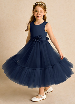 Azazie Miracle Flower Girl Dresses Dark Navy A-Line Bow Matte Satin Dress image4