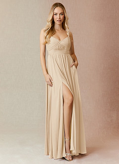 Azazie Reniya Bridesmaid Dresses Champagne A-Line Pleated Mesh Convertible Dress image4