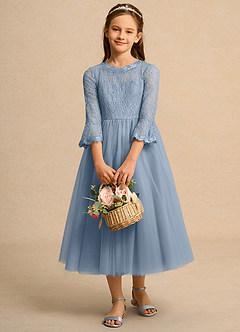 Azazie Lamb Girl Jurken voor bloemenmeisjes Baljurk Jurk van Kant Stoffig Blauw image1