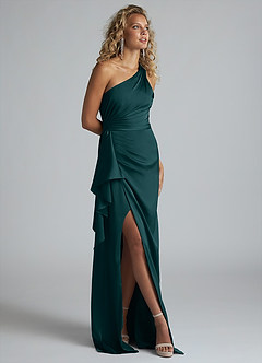 Azazie Maive Bridesmaid Dresses Pine Sheath Ruched Stretch Satin Dress image2