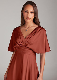 Azazie Pamela Bridesmaid Dresses Terracotta A-Line Pleated Stretch Satin Dress image5