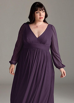Azazie Norah Bridesmaid Dresses Plum A-Line V-Neck Long Sleeve Chiffon Dress image12