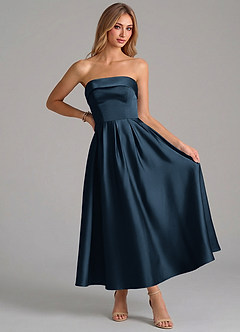 Azazie Lucienne Bridesmaid Dresses Dark Navy A-Line Pleated Stretch Satin Dress image7