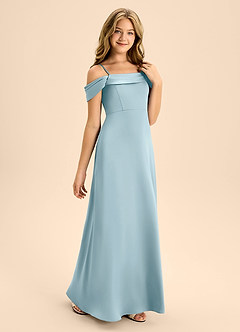 Azazie Anselie Junior Moody Blue A-Line Off the Shoulder Stretch Satin Dress image5