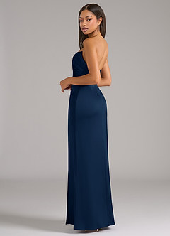 Azazie Marla Vestidos de damas de honor Vestido de Azul Marino Oscuro de Satén Elástico de Corte Recto Convertible con Sin tirantes image5