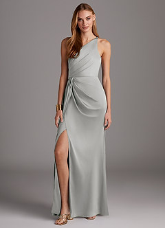 Azazie Mika Bridesmaid Dresses Silver Sheath One Shoulder Stretch Satin Dress image3