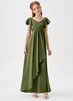 Azazie Omari Junior Olive A-Line Pleated Stretch Satin Dress image3
