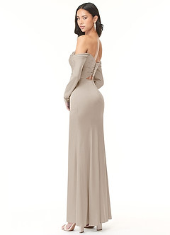 Azazie Hallie Vestidos de damas de honor Vestido de Escarcha de Satén Elástico de Corte Recto Convertible con Manga larga con hombros descubiertos image7