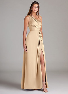 Azazie Brooke Bridesmaid Dresses Champagne A-Line One Shoulder Stretch Satin Dress image4