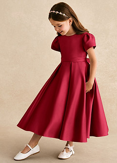 Azazie Princess Flower Girl Dresses Scarlet A-Line Pleated Matte Satin Dress image1